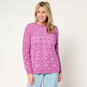 LOGO by Lori Goldstein Boat Neck Crocheted Pink Sweater